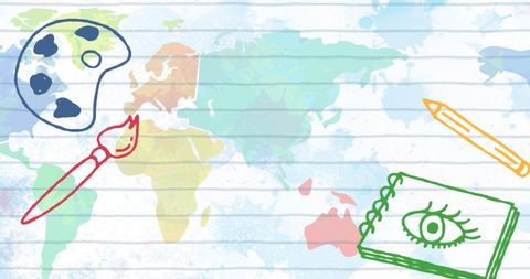 Creative Learning Concept with Art Tools and World Map