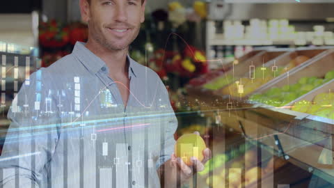 Smiling Man with Fruit Amidst Financial Data Overlay