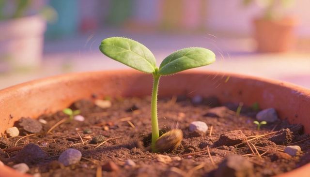 Sprouting Seedling Pushing Seed Shell from Soil in Terracotta Pot on Sunlit Windowsill