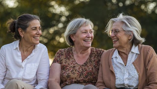 Three senior women laughing together on park bench enjoying friendship and outdoors
