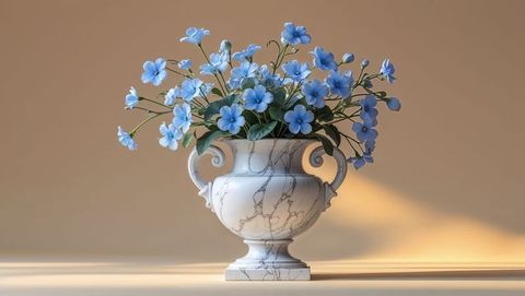 Elegant white marble urn vase with pale blue forget me not flowers and green leaves