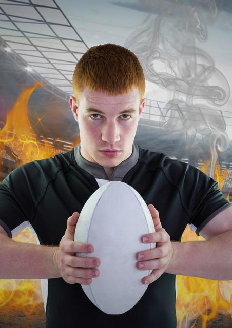 Serious rugby player holding ball against digitally generated background
