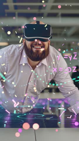 Bearded Man Exploring Holographic Data with VR Headset in Office Vertical Tech Video