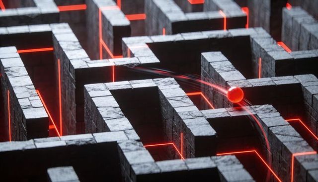Gliding Red Orb Leaving Neon Trail Through Stone Cyber Labyrinth Futuristic AI Concept
