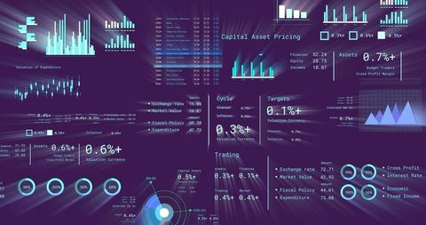 Displaying futuristic financial dashboard with interactive analytics, charts and hud interface