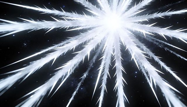 Crystalline starburst radiating icy spikes over deep space nebula with luminous starfield