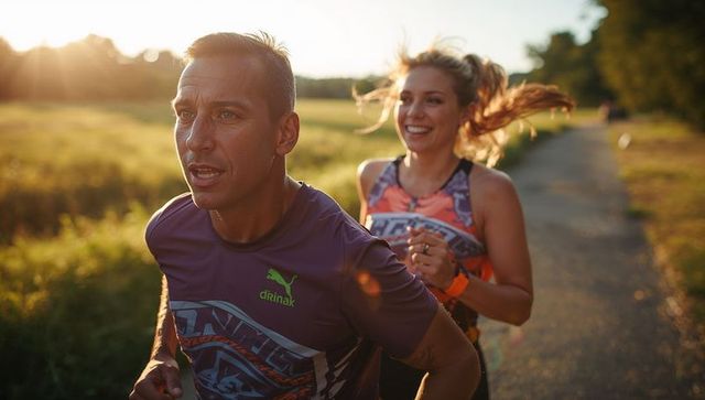 Couple running on rural trail at golden hour with smiling woman and focused male runner, sunflare