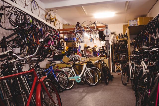 This image shows a cluttered workshop space filled with various types and models of bicycles. It is likely a repair shop or bike store. Suitable for illustrating topics related to cycling, bike maintenance, transportation, sports equipment, or storage solutions.