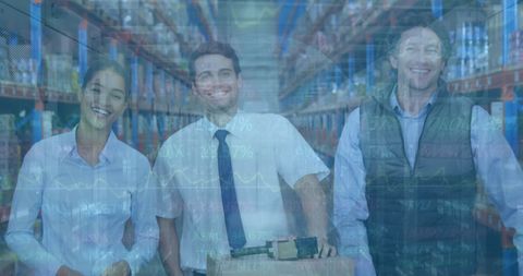 Warehouse workers with financial data overlay celebrating success
