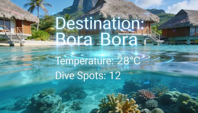 Holographic travel display showing destination bora bora overwater bungalows and coral reef