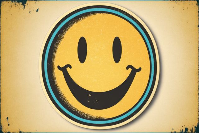 Retro yellow smiley icon on yellow background, created using generative ai technology. Social media and communication concept digitally generated image.