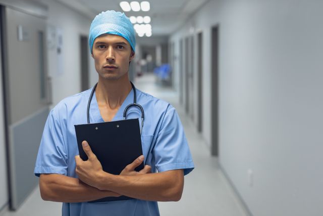 Portrait of male surgeon holding a clipboard in the corridor at hospital
