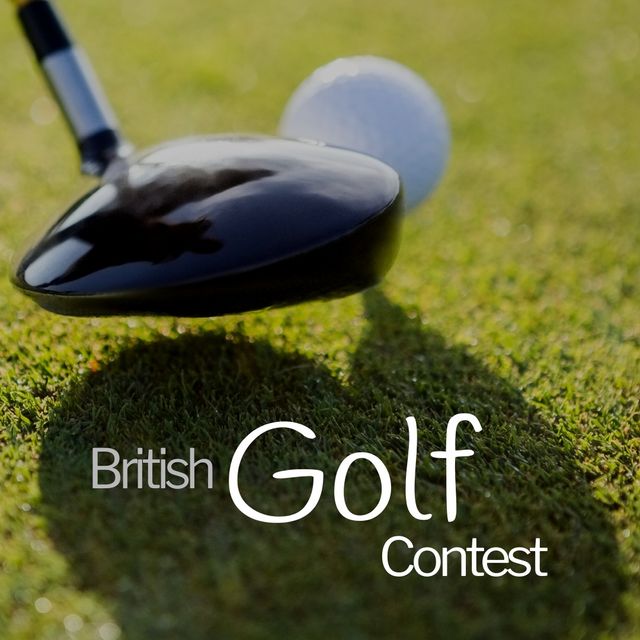 British golf contest text over golf club and golf ball over tee. digital composite, sport, competition, shadow, match and traditional sport concept.