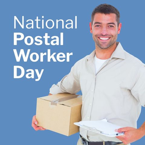 smiling postal worker holding parcel celebrating national postal worker day - Download Free Stock Templates Pikwizard.com