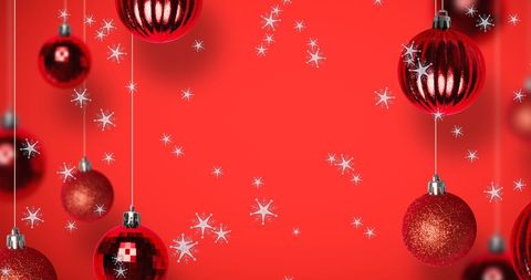 Sparkling Christmas Baubles with Falling Snow on Red Background - Download Free Stock Images Pikwizard.com