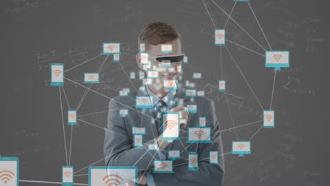 Business Professional with VR Headset in Digital Network Concept