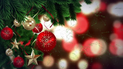 Festive Christmas Ornaments with Falling Snow Background