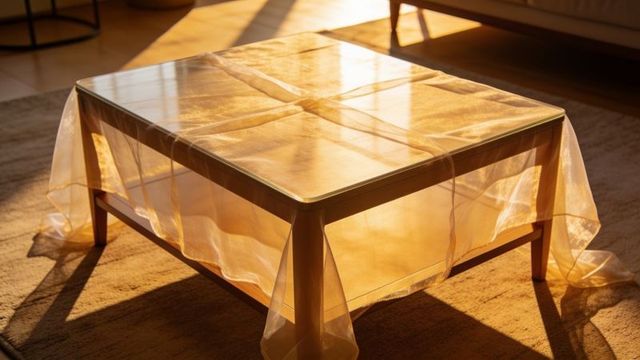 Golden-hour sunlight bathing square wooden coffee table with sheer drape and glass top