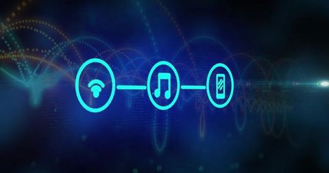 Neon teal connected icons representing wireless music streaming and mobile connectivity