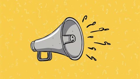 Cartoon megaphone emitting sound waves on yellow background