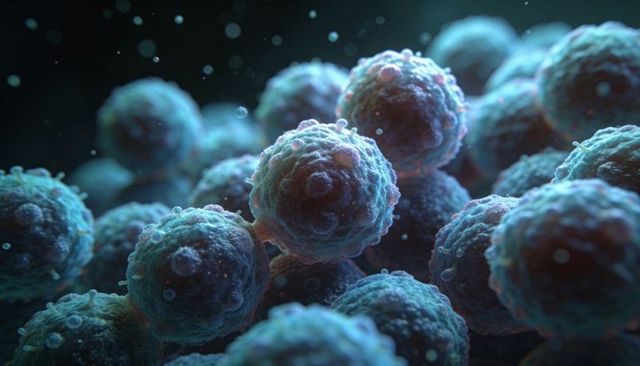Glowing microscopic cell cluster with membrane spikes floating in viscous medium