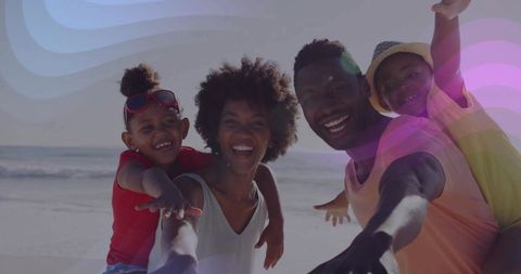 Smiling family taking selfie on sunny beach, parents and kids enjoying summer day