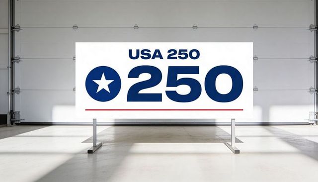 Usa 250 banner displaying large navy emblem on freestanding stand in bright garage