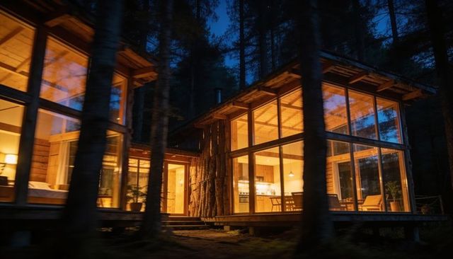 Glass-walled timber cabin glowing at twilight in secluded forest retreat with bark-clad column