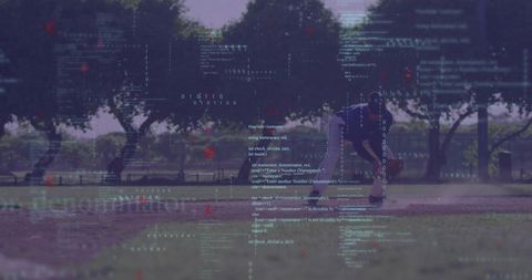 Baseball fielder checking base with floating code overlay, purple tech sports concept