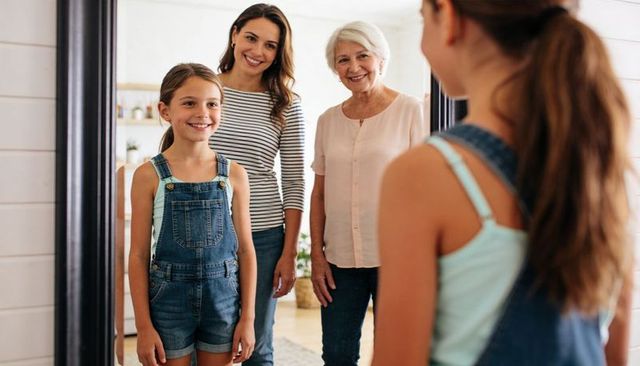 Multigenerational family with girl at mirror while mother and grandmother smiling