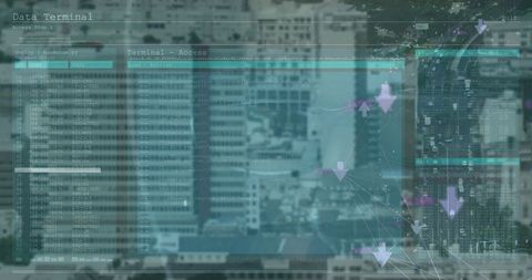 Futuristic data terminal interface over urban backdrop