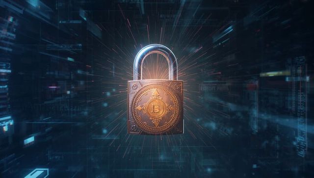 Floating Metallic Padlock with Bitcoin Emblem in Cybernetic Space