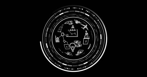 Futuristic Data Processing Icons on Black Background