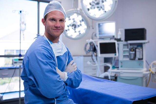 Male surgeon sitting with arms crossed in a well-equipped operating room. Ideal for use in healthcare promotions, medical articles, hospital brochures, and educational materials about surgery and medical professions.