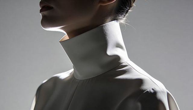 Minimalist high collar fashion portrait showing funnel neck silhouette and rim lighting