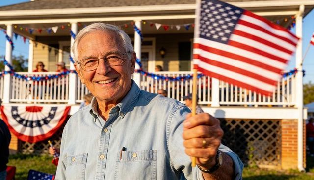 Smiling senior man waving american flag on sunlit porch with patriotic bunting and neighbors