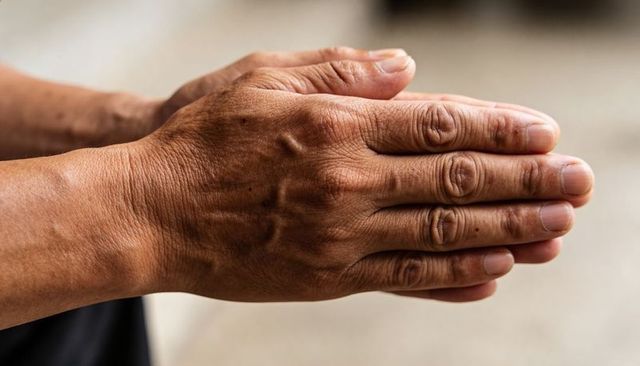 Mature hands pressed together showing wrinkles, veins and skin texture close-up