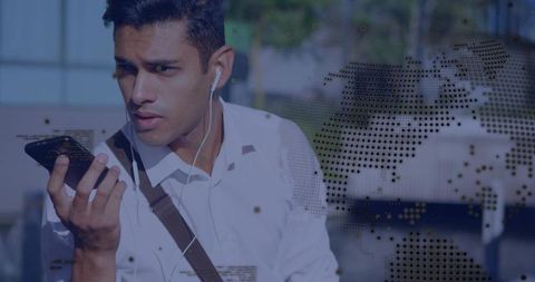 Professional Commuter Checking Smartphone with Earbuds and World Map Data Overlay