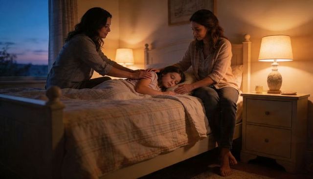 Two Mothers Comforting Sleeping Child in Cozy Bedroom at Dusk, Bedtime Routine, Tender Evening
