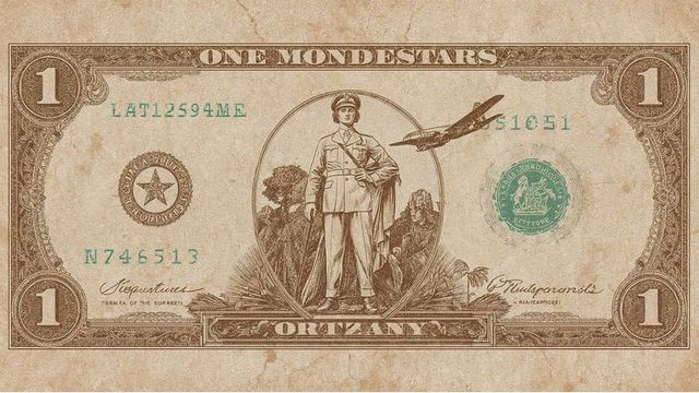Antique banknote with biplane and intricate detailing on aged paper