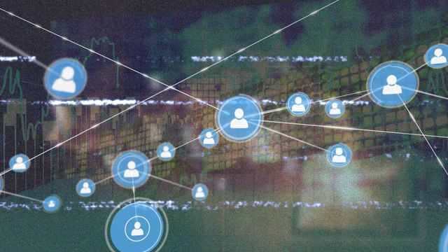 Depiction of interconnected network profile icons overlaid with financial data graphics signifying digital connectivity in a business context. Suitable for representing global communication, data analysis, technology solutions, blockchain, and innovative business strategies. Ideal for tech, finance, or social media promotional materials.