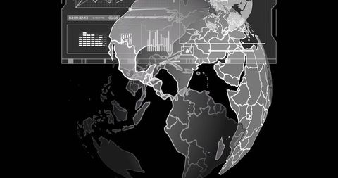 Rotating grayscale globe showing HUD overlay, country borders, timestamp and data charts