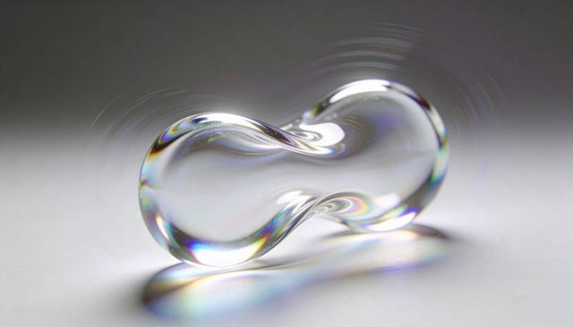 Resting transparent bilobed studio glass sculpture casting rainbow caustics and soft shadow