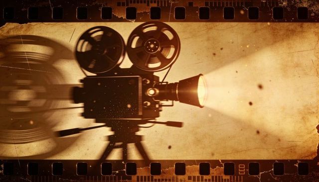 Vintage twin-reel film projector casting warm light across grungy filmstrip border