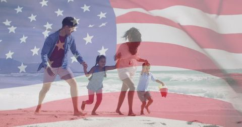 Diverse Family Enjoying Beach with American Flag Overlay