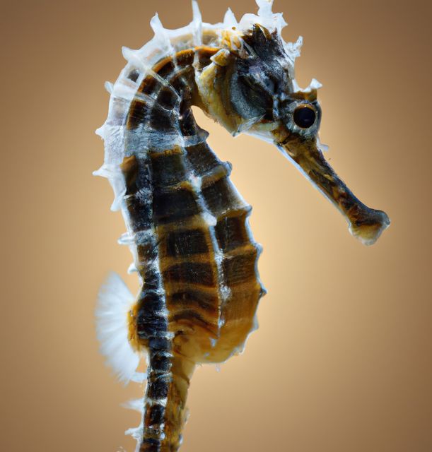 The detailed texture and structure of a seahorse are captured in this image against a warm brown background. Ideal for marine biology resources, educational materials, and nature-themed projects.
