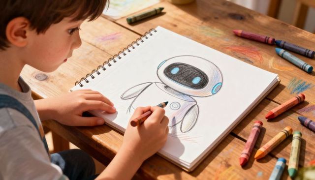 Young boy sketching friendly robot with crayons on wooden table, colorful childhood art