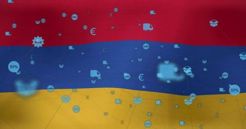 Tricolor red-blue-yellow network showing e-commerce icons for digital logistics and commerce