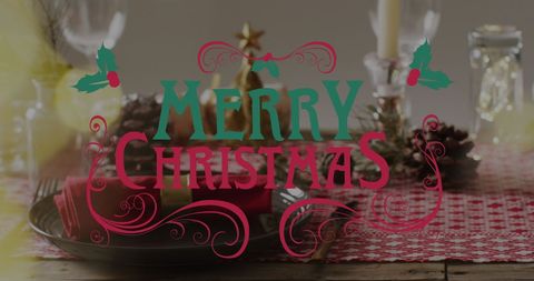 Festive Merry Christmas Text on Holiday Dining Table