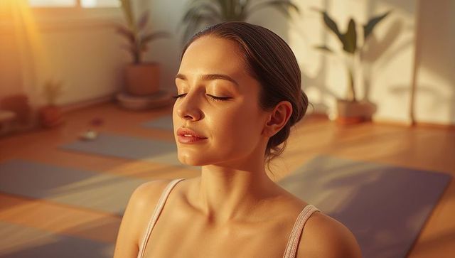 Serene Woman Meditating in Sunlit Home Yoga Space
